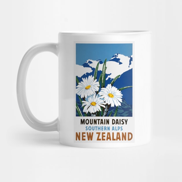 Vintage Travel Poster New Zealand Mountain Daisy Southern Alps by vintagetreasure